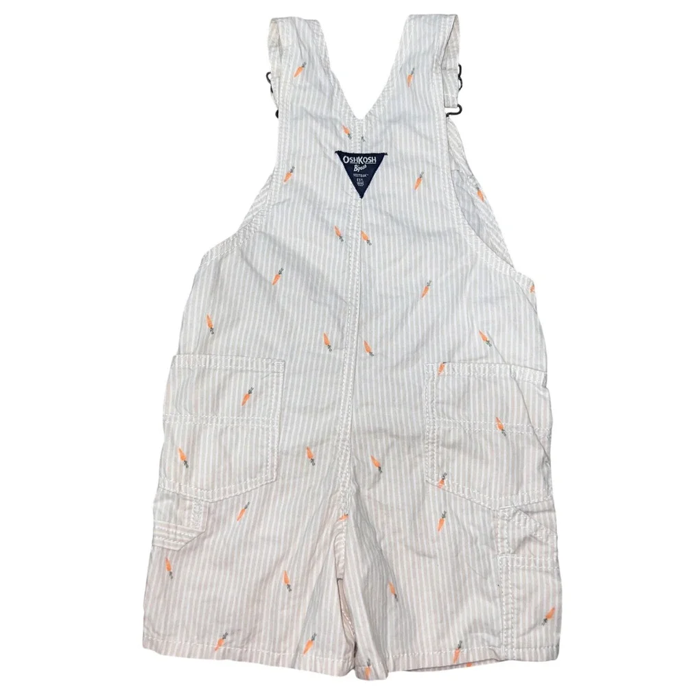 OshKosh Bgosh Toddler 3T Striped Carrot Embroidered Shortalls Overalls NEW